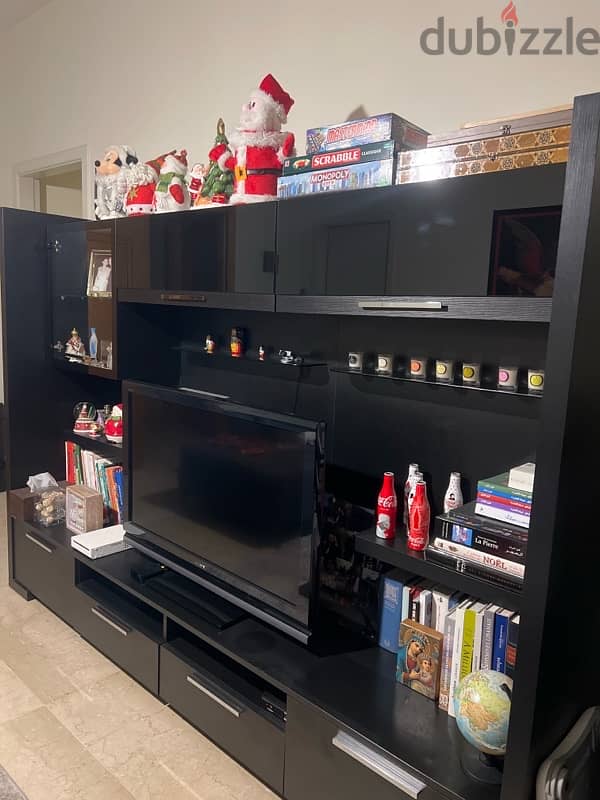 Modern Black Wall Unit / TV Console with Storage and Display Shelves 1