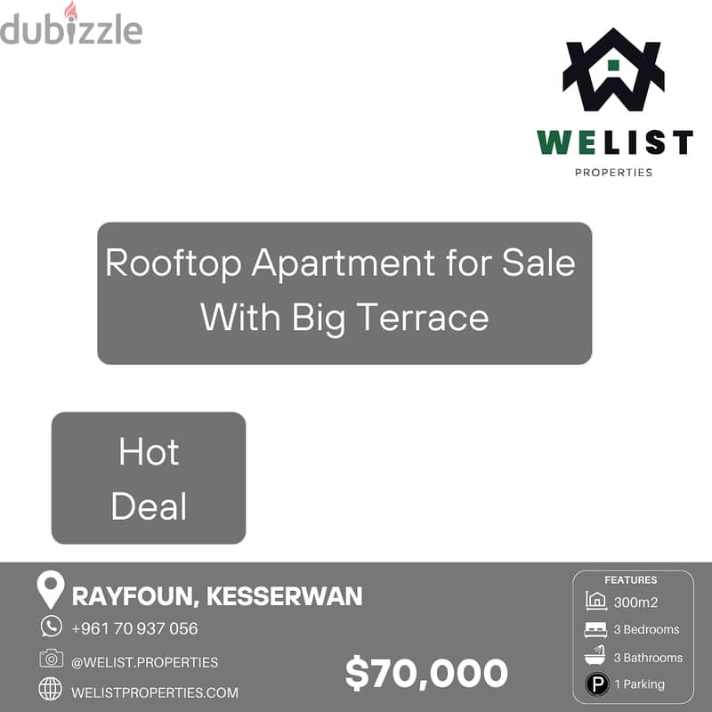 300sqm rooftop apartment for sale Rayfoun  شقة على السطح للبيع ريفون 0