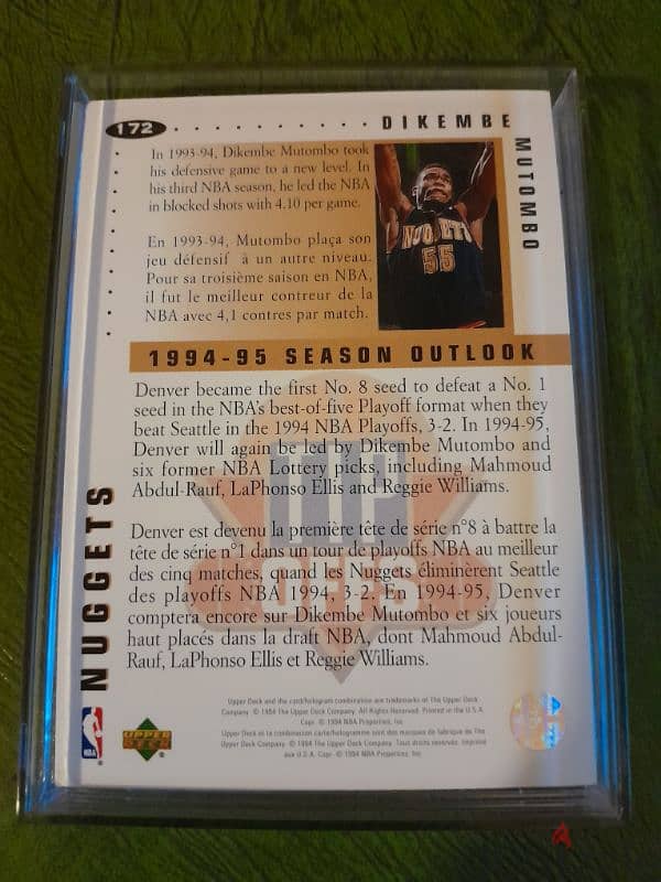 NBA Mutombo basketball trading card mint condition licensed. fr/eng 1