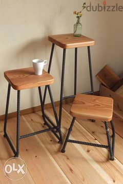 Metal and wood stools tables طاولة وكرسي حديد وخشب