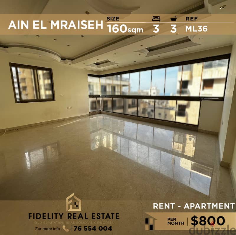 Apartment for rent in Ain el mraiseh ML36 0