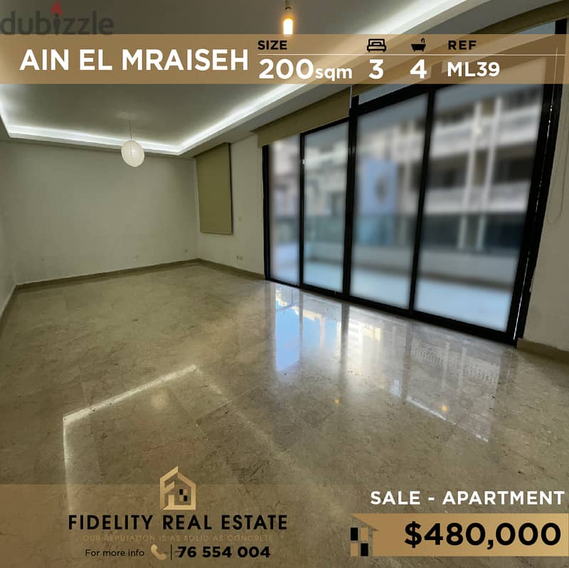 Apartment for sale in Ain el mraiseh ML39 0