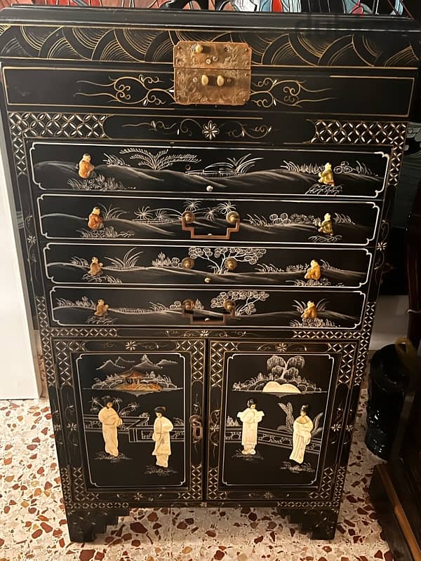 Vintage Black Lacquered Cabinet with Cutlery Drawers 0