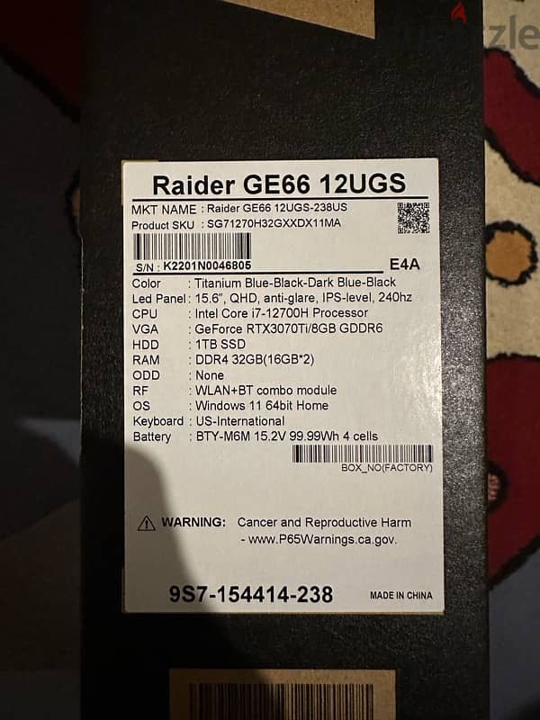 msi raider GE66 like new imported from USA MSI cards and box 13