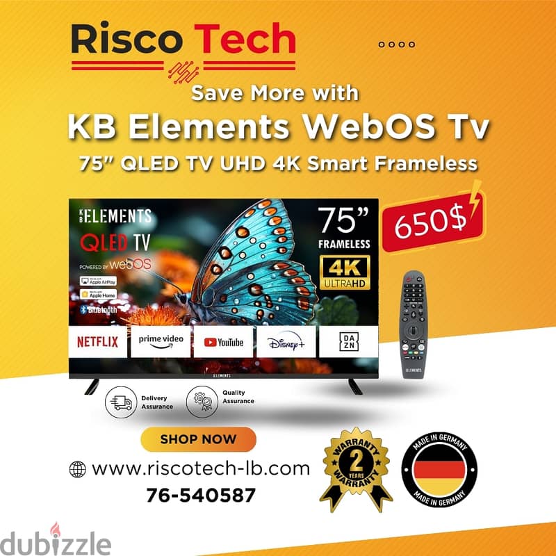 KB ELEMENTS 75″ QLED TV UHD 4K SMART | تلفزيون 75 انش - كفالة سنتين 0