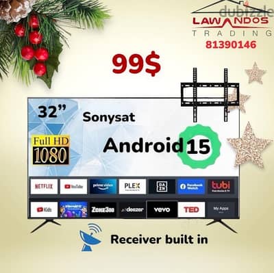 Led 32” SONYSAT smart  ANDROID 15 with receiver built in مع ستاند