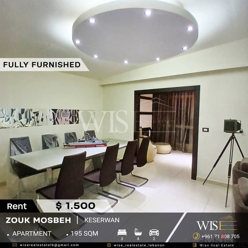 195 SQM Furnished apartment for RENT in Zouk Mosbeh! 0