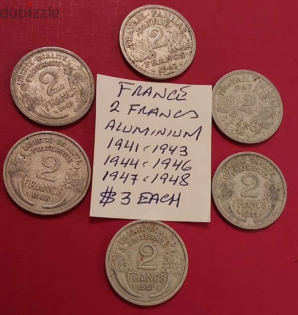 France 2 Francs 1941, 43, 44, 46, 47 & 48 Aluminium  $3 each 0