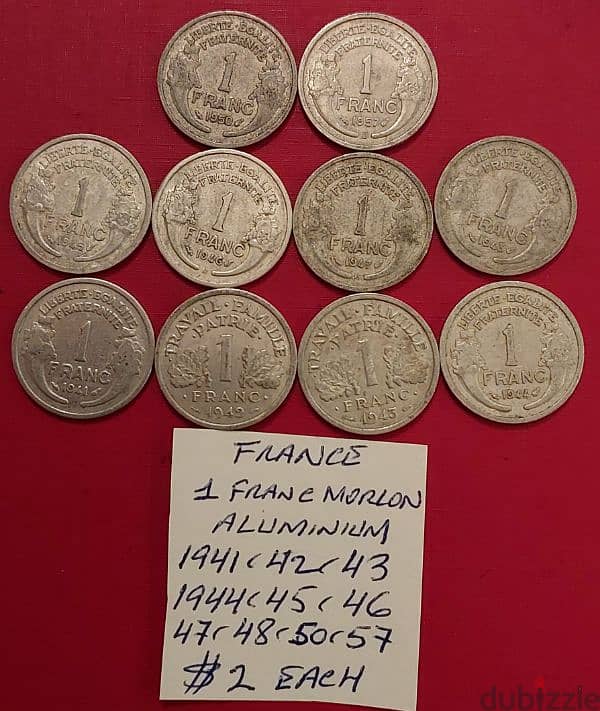 France 1 Franc Morlon 1941, 42, 43, 44, 45, 46, 47, 48, 50 & 57 Alum. 0