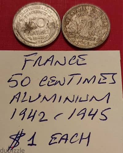 France 50 centimes 1942 & 1945 Aluminium