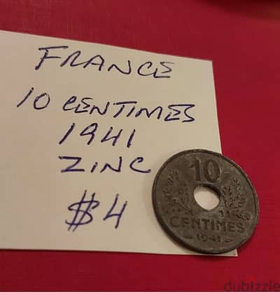 1941 France WWII 10 centimes Zinc