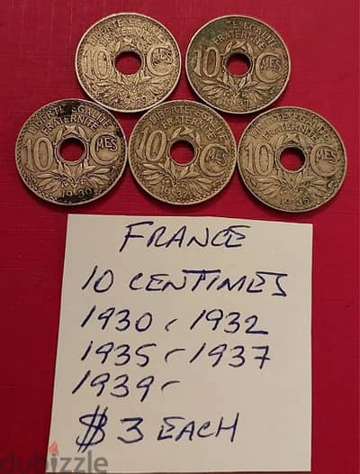 France WWII 10 centimes 1930, 32, 35.37 & 39