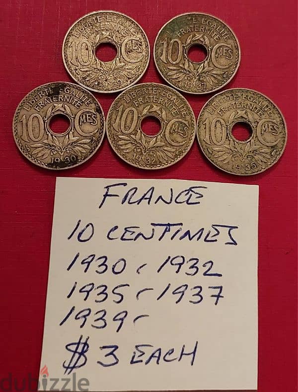 France WWII 10 centimes 1930, 32, 35.37 & 39 0