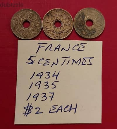 France WWII 5 centimes 1934, 1935, 1937 x $2 each