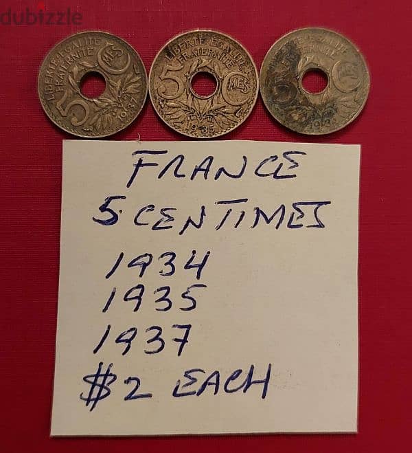 France WWII 5 centimes 1934, 1935, 1937 x $2 each 0