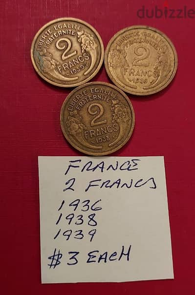 France WWII 2 Francs 1936, 1938, 1939 x $3 each