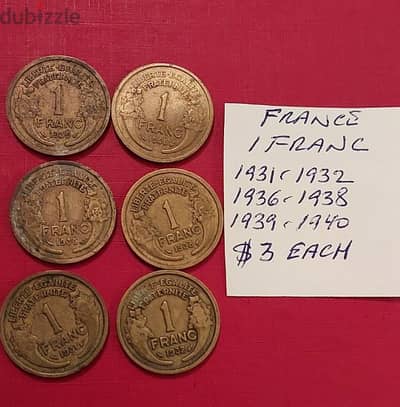 France 1 Franc WWII 1931, 32, 36, 38, 39 &40