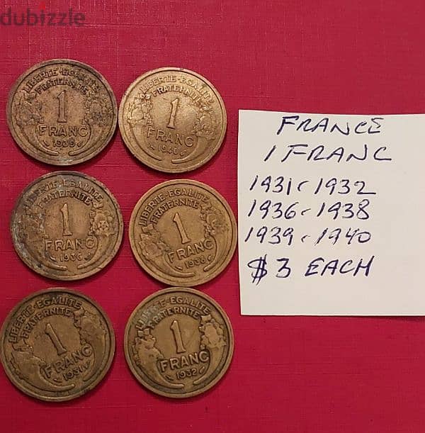 France 1 Franc WWII 1931, 32, 36, 38, 39 &40 0