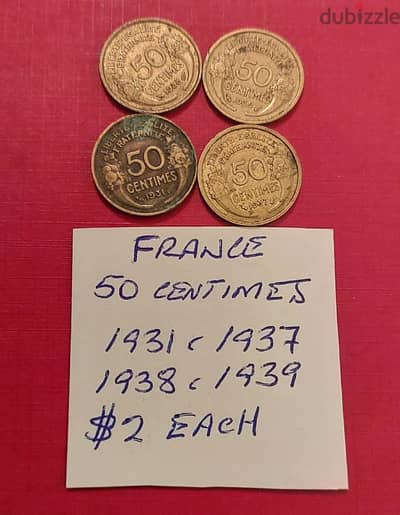 France  50 centimes WWII  1931, 37, 38 & 39 X $2 each