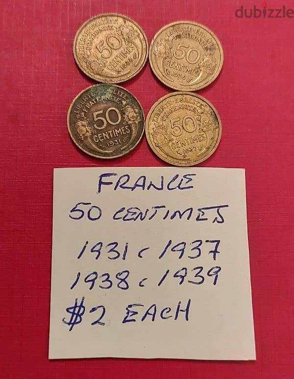 France  50 centimes WWII  1931, 37, 38 & 39 X $2 each 0