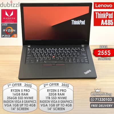 LENOVO THINKPAD A485 RYZEN 5 PRO RADEON VEGA 8 VGA 14” LAPTOPS