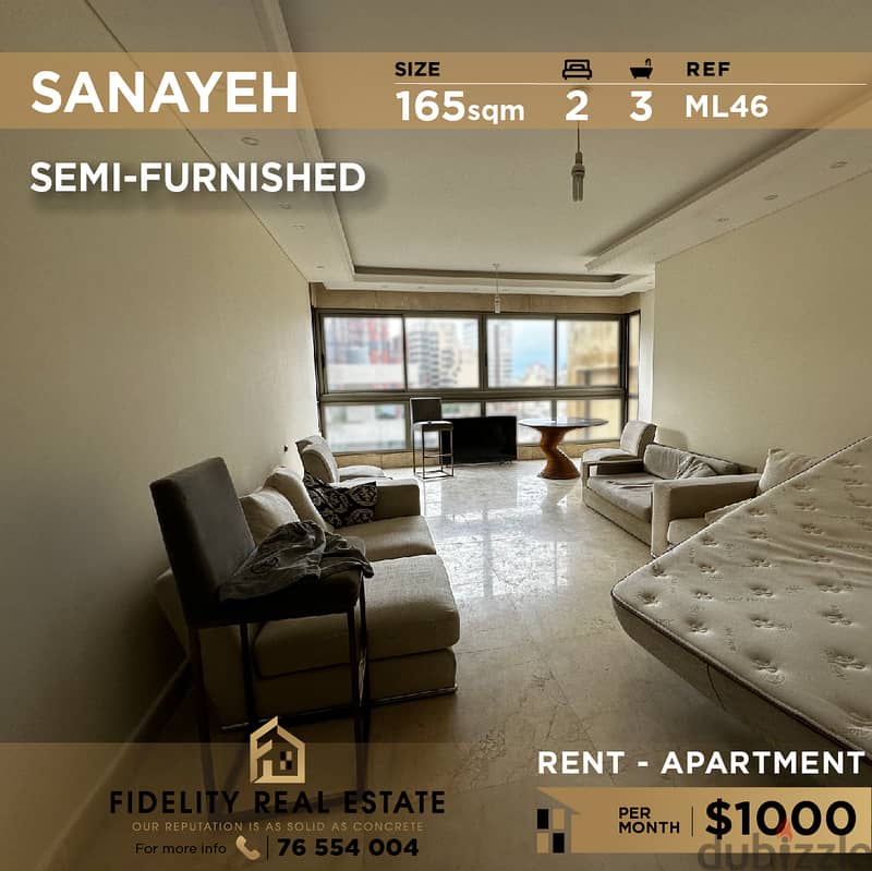 Apartment for rent in Sanayeh semi furnished ML46 0