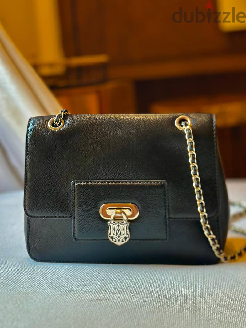 MOSCHINO- Black Eco Leather Chain Lock Crossbody 0