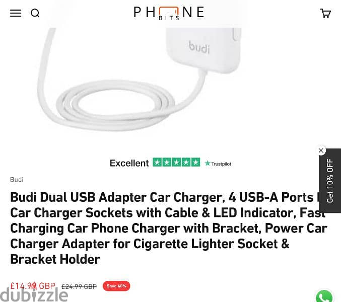 Budi Car Charger with 4 USB Ports for Front and Backseat Charging 4