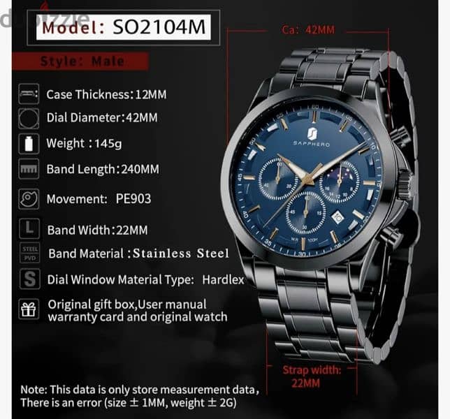 Sapphero Men's Watch 100m Waterproof Chronograph Stainless AntiScratch 3