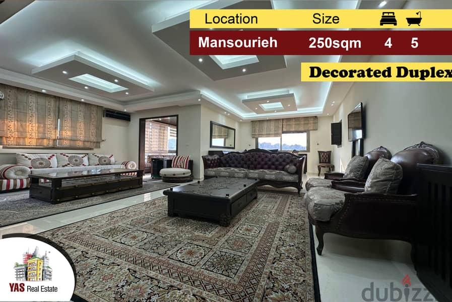 Mansourieh 250m2 | 35m2 Terrace | Decorated Duplex | Prime Location|PA 0