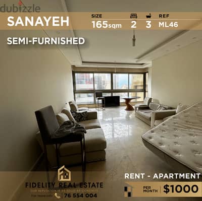 Apartment for rent in Sanayeh Semi Furnished ML46