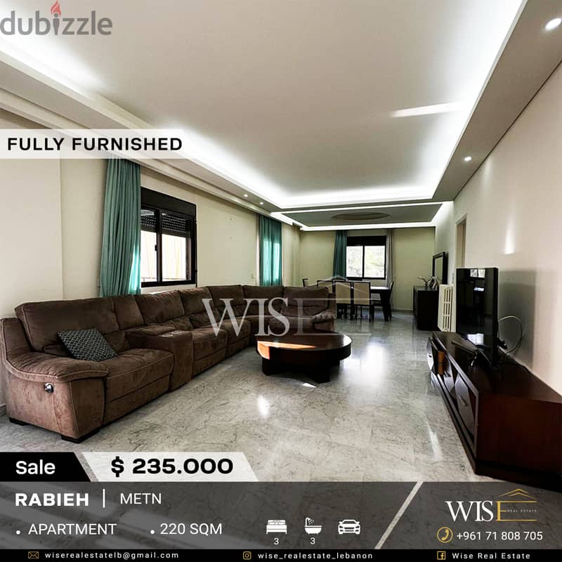  220 SQM fully furnished Apartment for SALE in Rabieh! 0