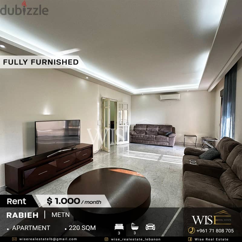  220 SQM fully furnished Apartment for RENT in Rabieh! 0