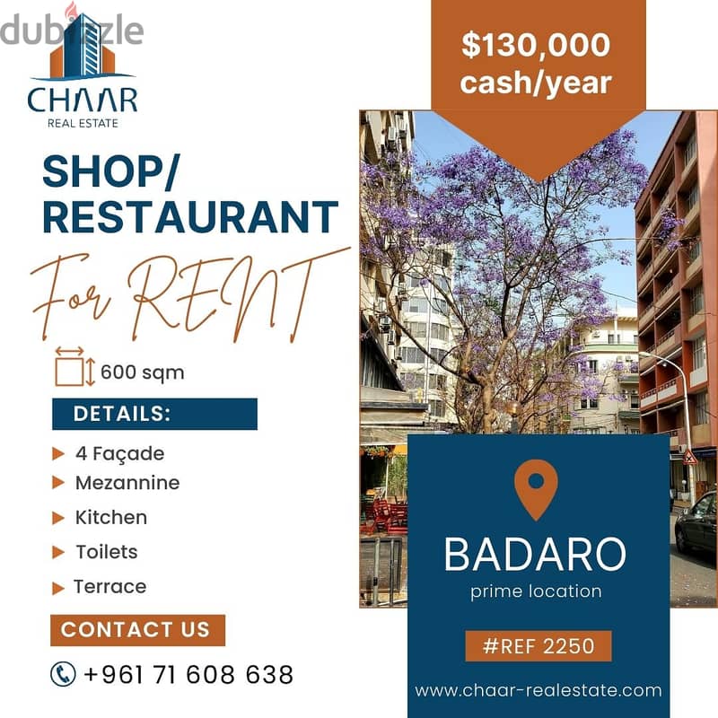 #R2250 - Immense Shop/ Restaurant for Rent in Badaro *Prime Location* 0