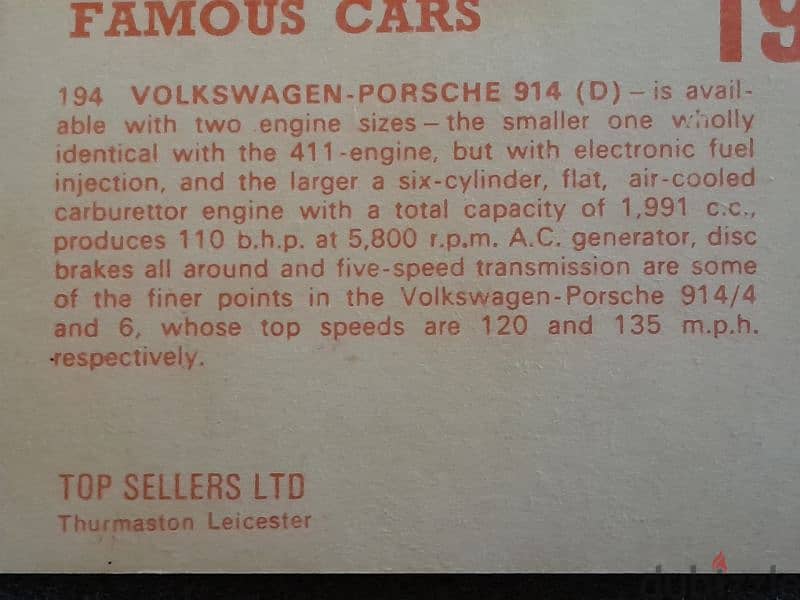 Rare 60'S TOP SELLERS LTD. panini volkswagen Porsche 914 trading card 1