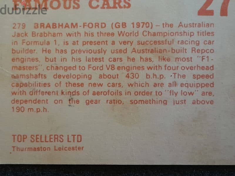 Rare 60's top sellers Ltd panini Brabham Ford trading card 1