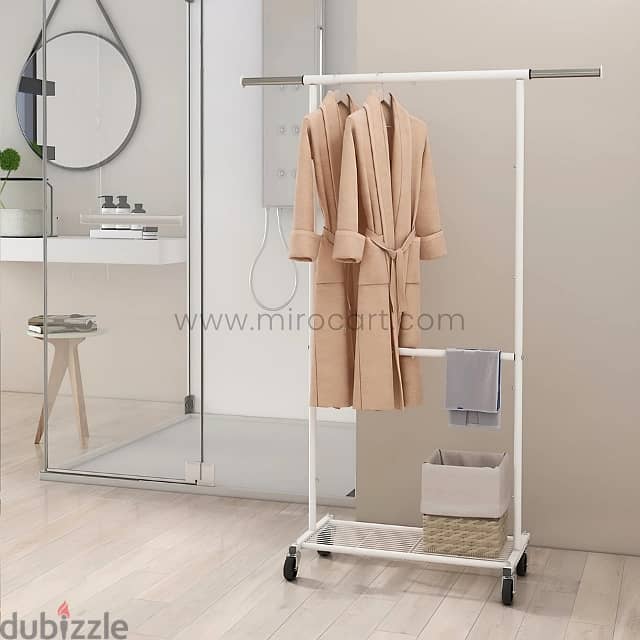 Extendible Clothes Rack with Adjustable Rod, Shoe Shelf & Wheels 1