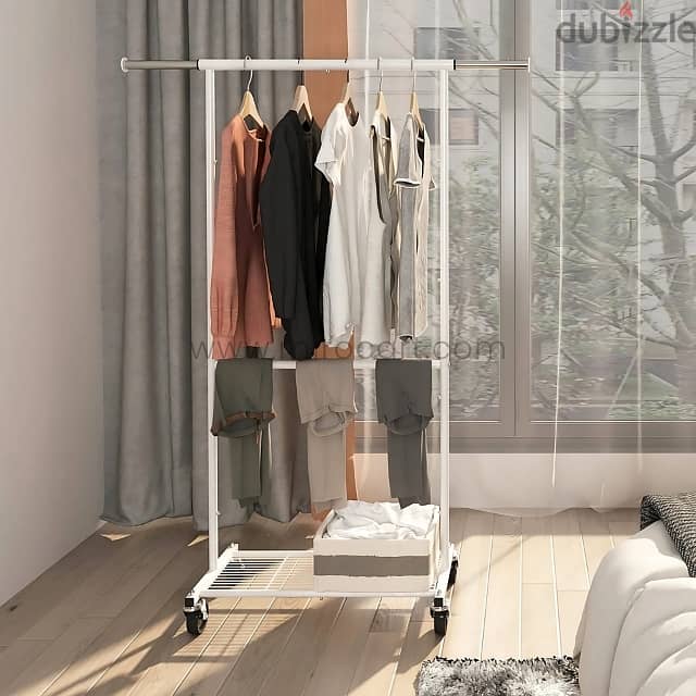 Extendible Clothes Rack with Adjustable Rod, Shoe Shelf & Wheels 2