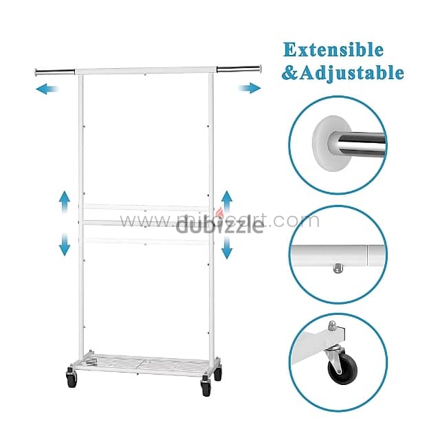 Extendible Clothes Rack with Adjustable Rod, Shoe Shelf & Wheels 3