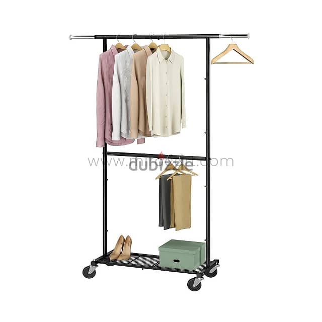 Extendible Clothes Rack with Adjustable Rod, Shoe Shelf & Wheels 5