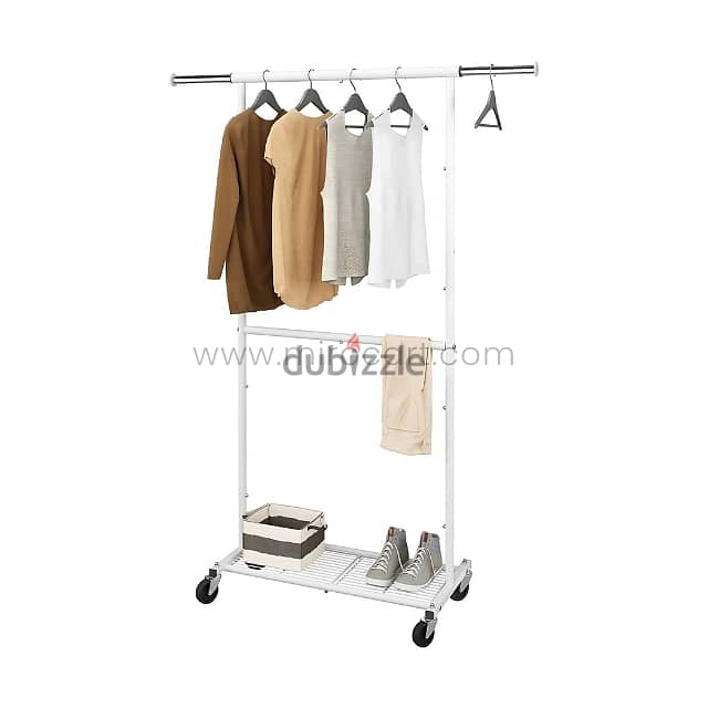 Extendible Clothes Rack with Adjustable Rod, Shoe Shelf & Wheels 6