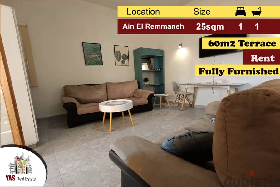 Ain El Remmaneh 25m2 | 60m2 Terrace | Rent | Furnished | View | AA/AMK 0