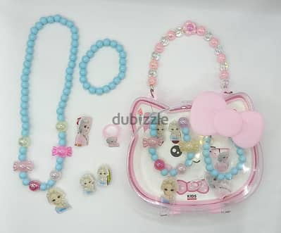 Children's Necklace, Bracelet, Earrings,Ring Set with Hand Bag