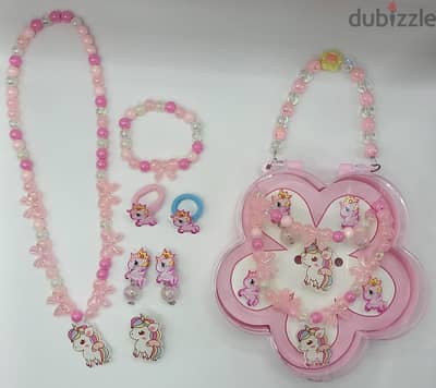 Children's Necklace, Bracelet, Earrings,Ring Set with Hand Bag