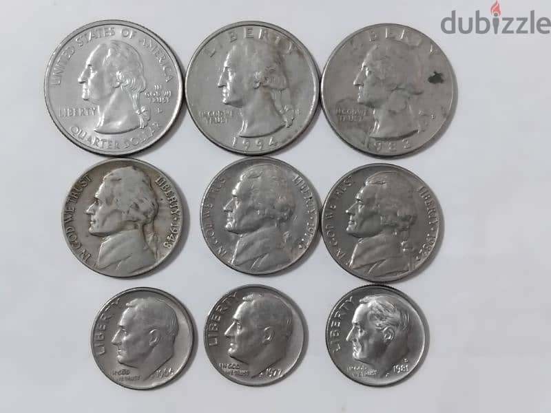 Quarter Dollars, Five Cents, One Dime "USA" 0