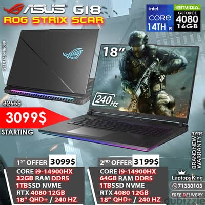 ASUS ROG STRIX SCAR G18 i9 14TH RTX 4080 240HZ 18" 2K+ GAMING LAPT