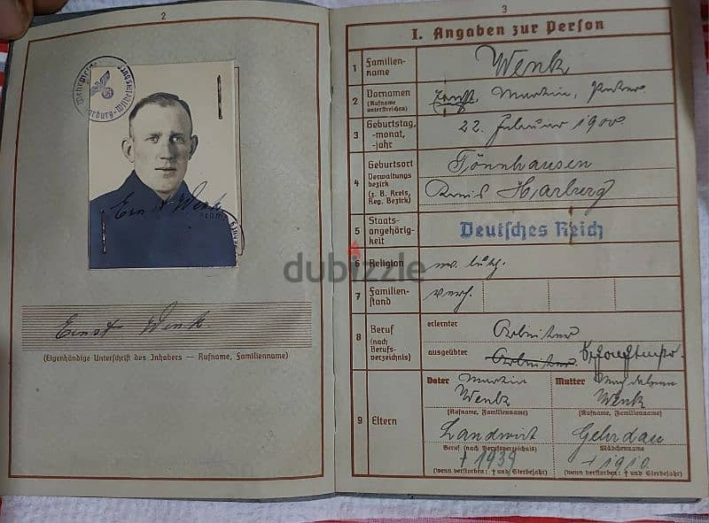 German Nazi Identification ID  for Solider World War Two WW II 1