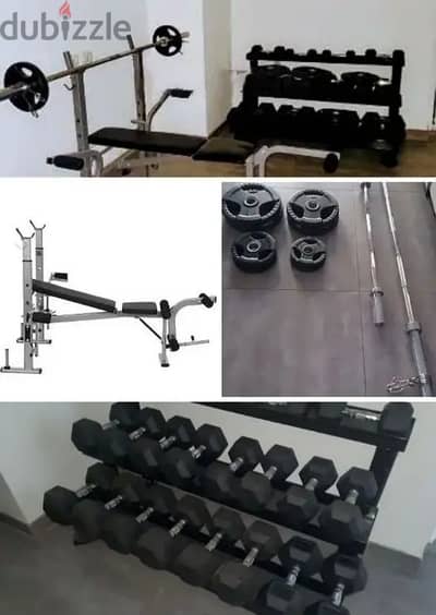 435 kg weights , bench, 2 bars, 3 level Rack