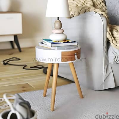 Modern Bedside Table – Round Top, Wooden Legs & Drawer