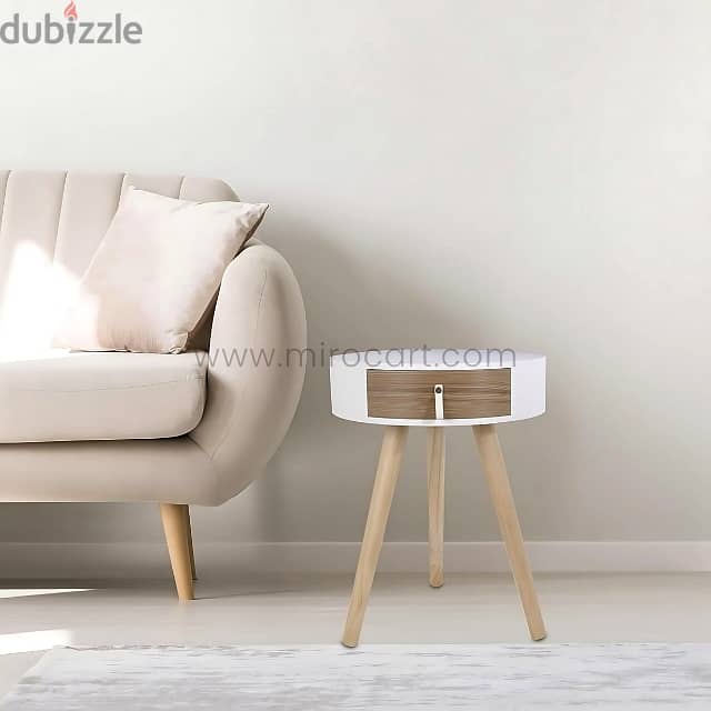 Modern Bedside Table – Round Top, Wooden Legs & Drawer 2